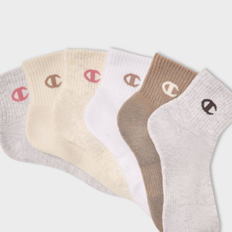 slide 3 of 4, Champion Iconic Essentials Women's 6pk Cushioned Quarter Crew Socks - Oatmeal/Tan/White/Gray 4-10, 6 ct