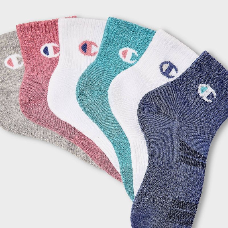 slide 3 of 4, Champion Iconic Essentials Women's 6pk Cushioned Quarter Crew Socks - Pink/Gray/White/Teal/Blue 4-10, 6 ct