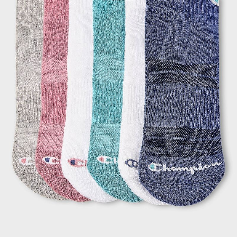 slide 4 of 4, Champion Iconic Essentials Women's 6pk Cushioned Quarter Crew Socks - Pink/Gray/White/Teal/Blue 4-10, 6 ct