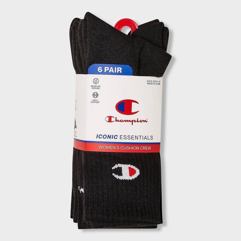 slide 2 of 4, Champion Iconic Essentials Women's 6pk Cushioned Crew Socks - Black 4-10, 6 ct
