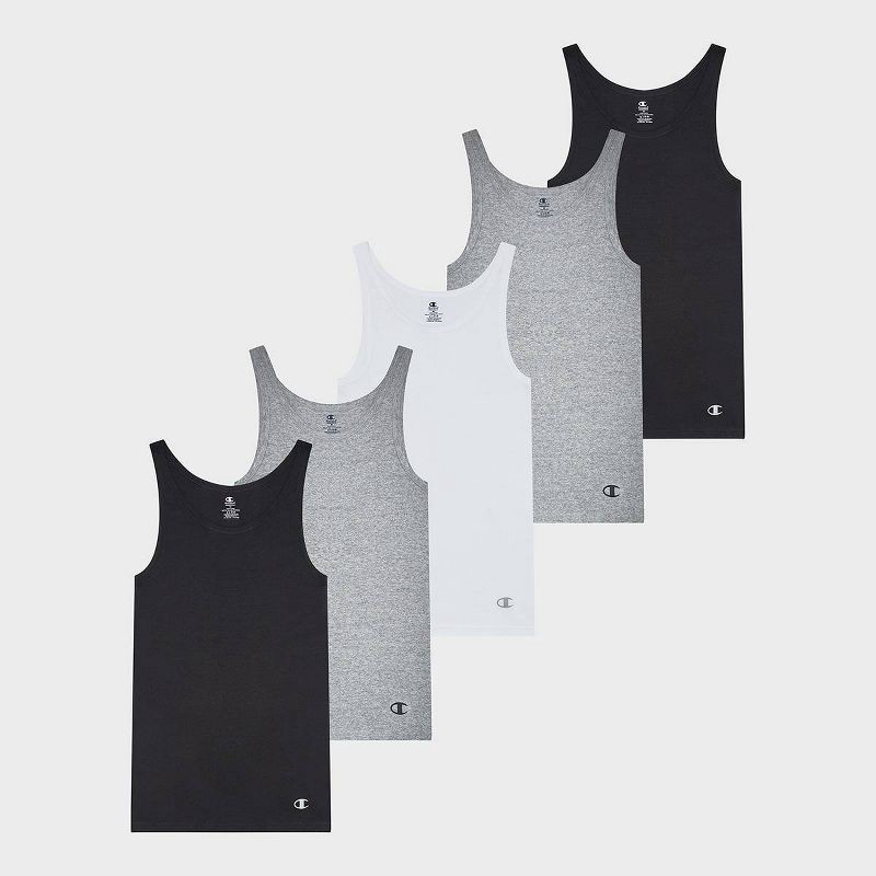 slide 4 of 5, Champion Men's Iconic Essentials 5pk Rib Tank Top Shirt - Black/Gray/White M, 5 ct