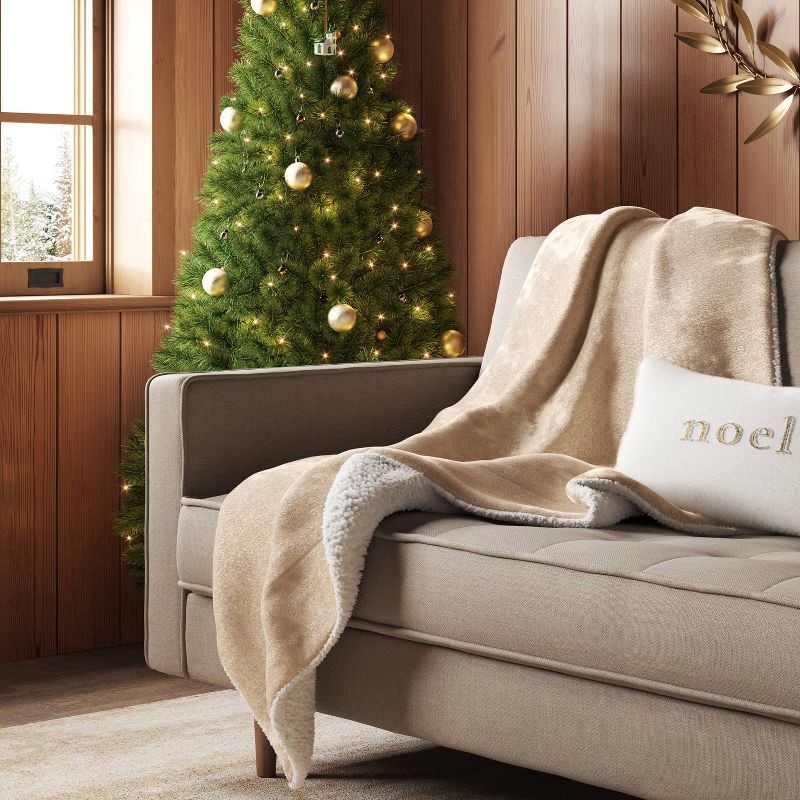 slide 2 of 5, Solid Plush Throw Blanket with Faux Shearling Reverse Khaki - Threshold™, 1 ct
