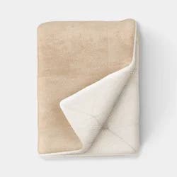 Solid Plush Throw Blanket with Faux Shearling Reverse Khaki - Threshold™