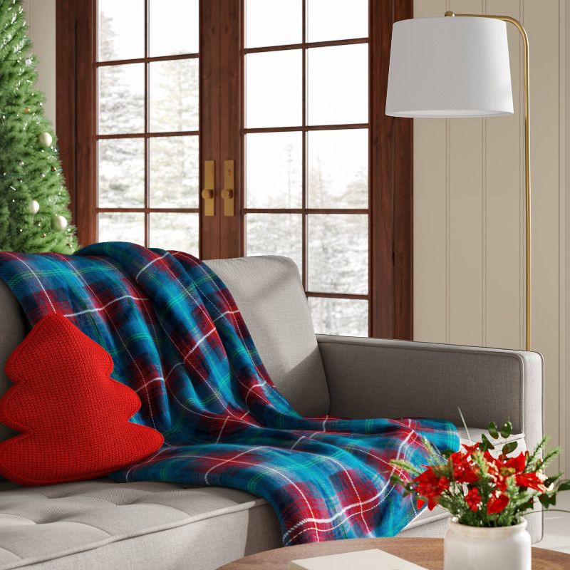 slide 2 of 5, Plaid Plush Throw Blanket with Faux Shearling Reverse Blue - Threshold™, 1 ct