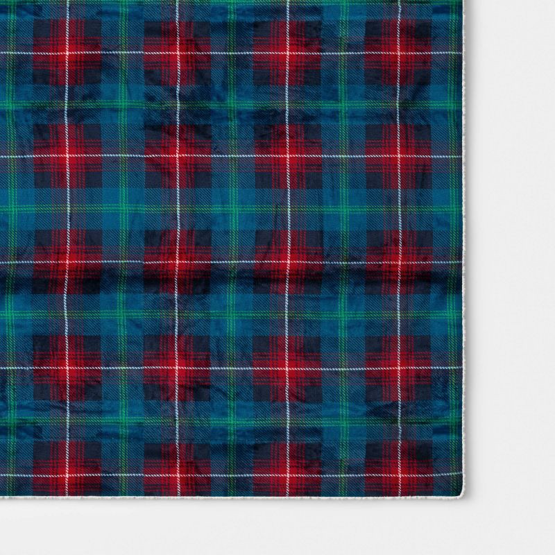 slide 4 of 5, Plaid Plush Throw Blanket with Faux Shearling Reverse Blue - Threshold™, 1 ct