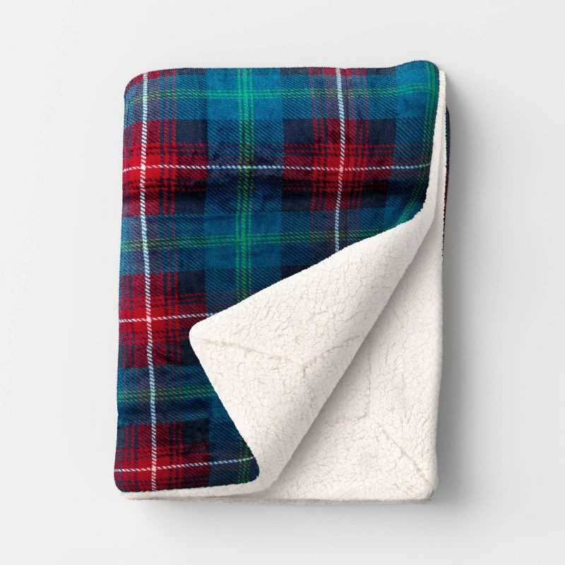 slide 1 of 5, Plaid Plush Throw Blanket with Faux Shearling Reverse Blue - Threshold™, 1 ct