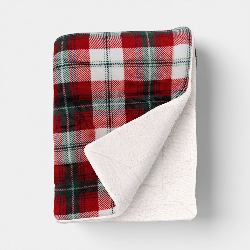 slide 1 of 5, Plaid Plush Throw Blanket with Faux Shearling Reverse Red - Threshold™, 1 ct