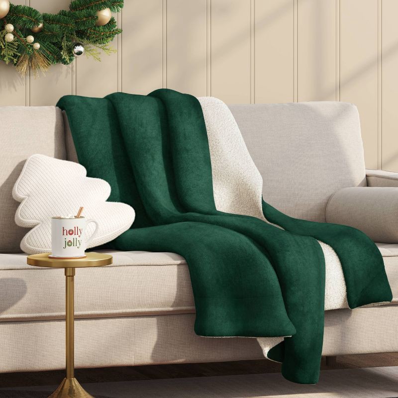 slide 2 of 5, Solid Plush Throw Blanket with Faux Shearling Reverse Green - Threshold™, 1 ct