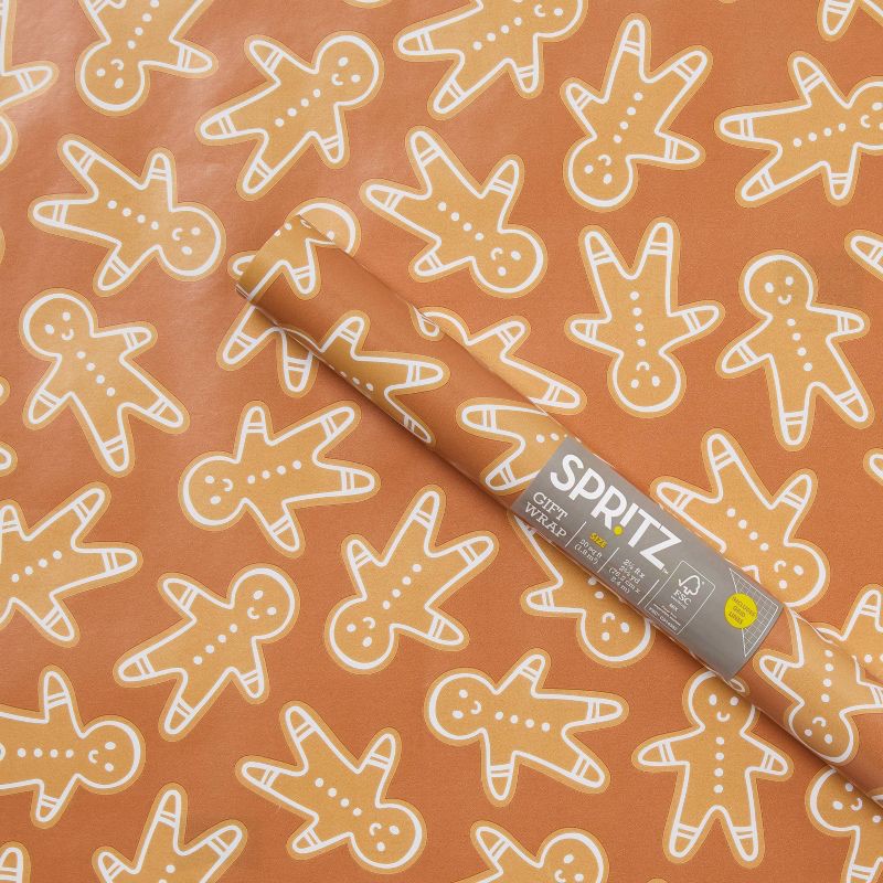 slide 1 of 3, 96"x30" Gingerbread Christmas Gift Wrapping Paper Brown - Spritz™, 1 ct