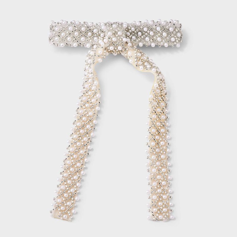 slide 1 of 2, Beaded Pearl Argyle Bow Hair Barrette - A New Day™ Ivory, 1 ct