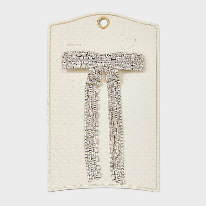 slide 2 of 3, Rhinestone Chain Tail Bow Hair Barrette - A New Day™ Ivory, 1 ct