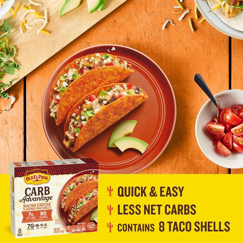 slide 4 of 7, Old El Paso Carb Advantage Nacho Cheese Flavored Crunchy Taco Shells - 3.95oz/8ct, 3.95 oz, 8 ct