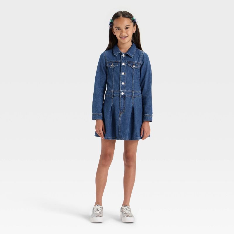 slide 3 of 3, Girls' Long Sleeve Denim Dress - Cat & Jack™ Dark Wash XS, 1 ct