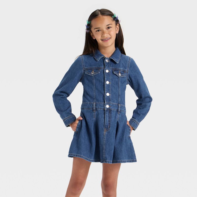 slide 1 of 3, Girls' Long Sleeve Denim Dress - Cat & Jack™ Dark Wash L, 1 ct