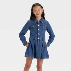 Girls' Long Sleeve Denim Dress - Cat & Jack™ Dark Wash XL