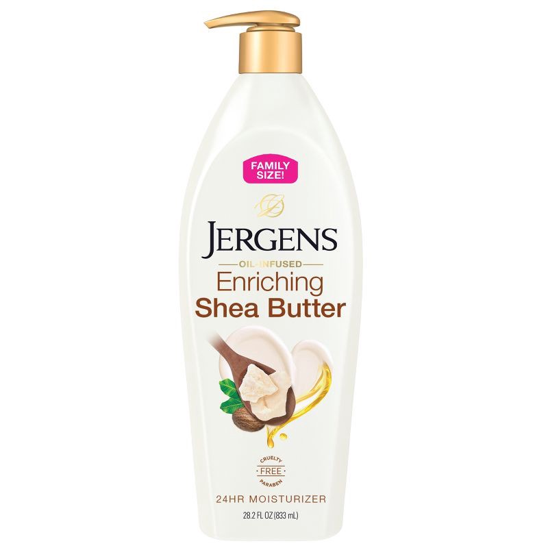 slide 1 of 8, Jergens Enriching Shea Butter Lotion for Body and Hands with 24-Hour Moisture – 28.2 fl oz, 28.2 fl oz