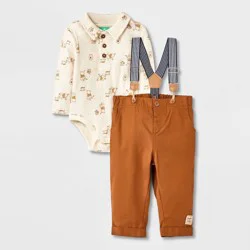 Baby Boys' 2pc Disney Winnie the Pooh Long Sleeve Bodysuit & Pants Suspender Set - Brown 6-9M