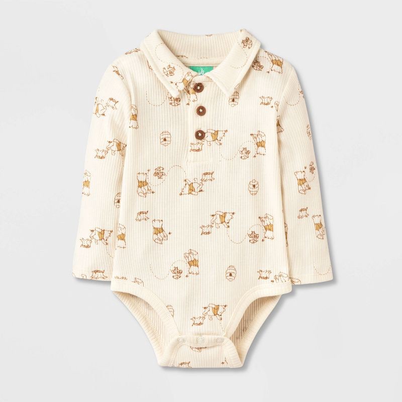 slide 3 of 4, Baby Boys' 2pc Disney Winnie the Pooh Long Sleeve Bodysuit & Pants Suspender Set - Brown 12M, 2 ct