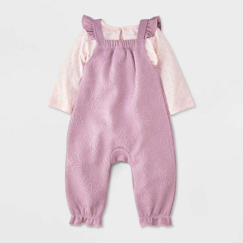 slide 2 of 5, Baby Girls' 2pc Disney Minnie Mouse Long Sleeve T-Shirt & Embossed Overalls Set - Pink 0-3M, 2 ct