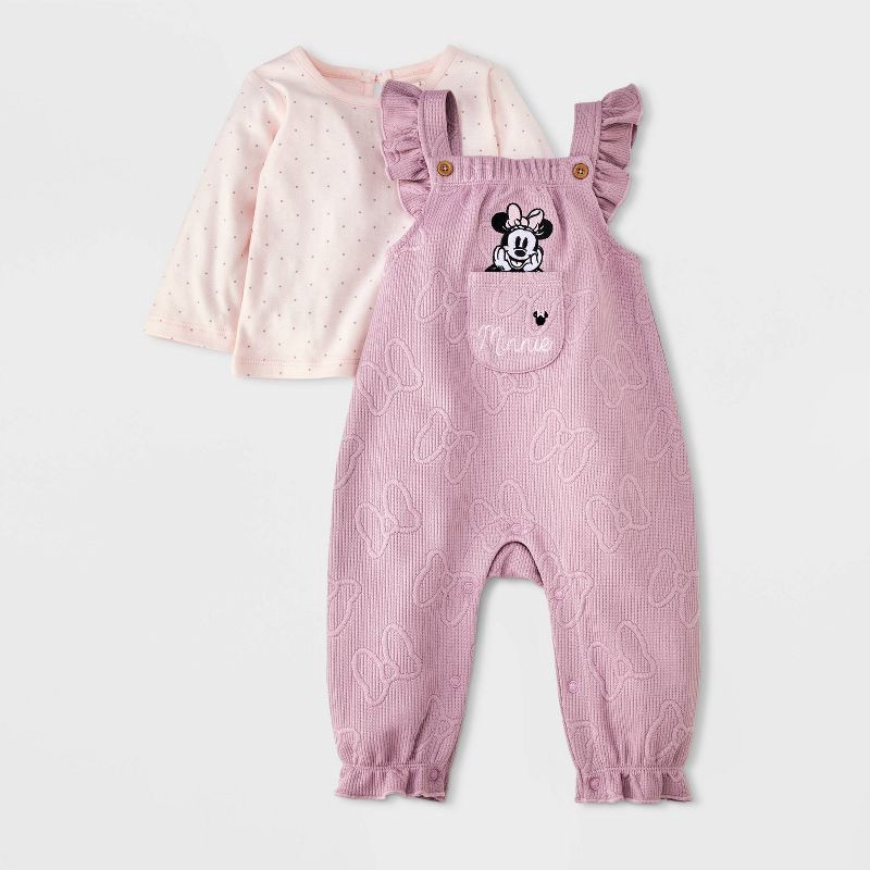 slide 1 of 5, Baby Girls' 2pc Disney Minnie Mouse Long Sleeve T-Shirt & Embossed Overalls Set - Pink 0-3M, 2 ct
