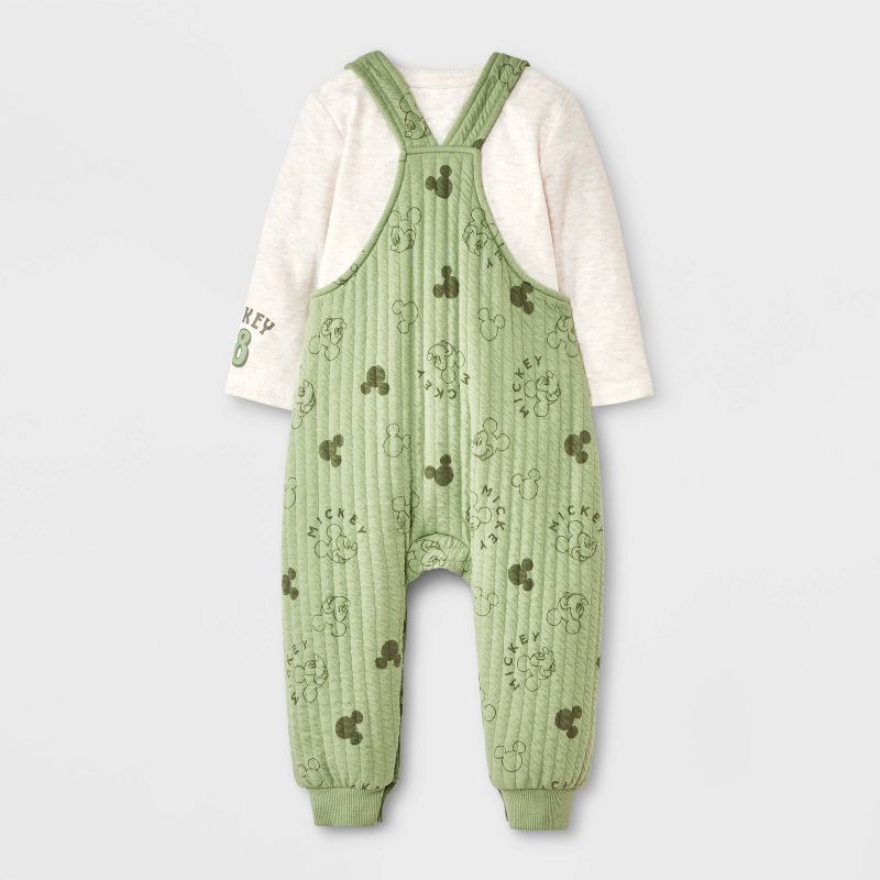 slide 2 of 5, Mickey Mouse & Friends Baby Boys' 2pc Disney Mickey Mouse Long Sleeve Bodysuit & Overalls Set - Green 3-6M, 2 ct