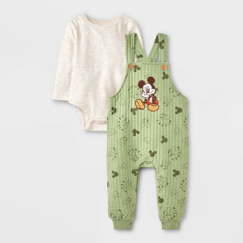 slide 1 of 5, Mickey Mouse & Friends Baby Boys' 2pc Disney Mickey Mouse Long Sleeve Bodysuit & Overalls Set - Green 3-6M, 2 ct