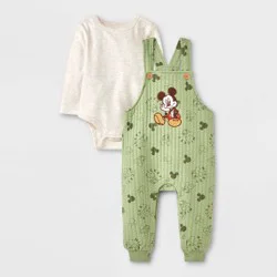 Mickey Mouse & Friends Baby Boys' 2pc Disney Mickey Mouse Long Sleeve Bodysuit & Overalls Set - Green 6-9M