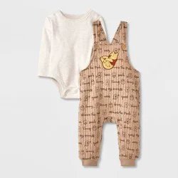Baby 2pc Disney Winnie The Pooh Long Sleeve Bodysuit & Overalls Set - Tan Newborn