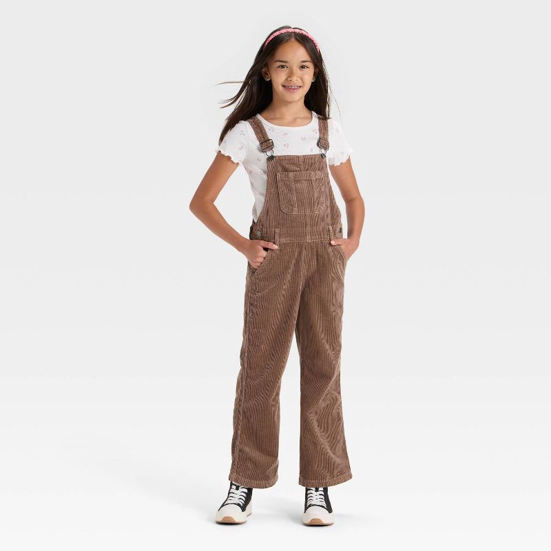 slide 3 of 3, Girls' Wide Leg Corduroy Overalls Set - Cat & Jack™ Brown M, 1 ct