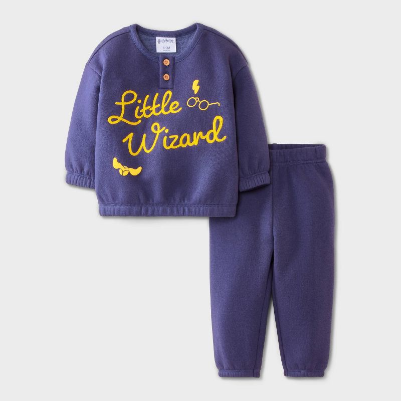 slide 1 of 4, Baby Boys' 2pc Harry Potter 'Little Wizard' Printed Pullover Sweatshirt and Bottom Set - Navy Blue 0-3M, 2 ct