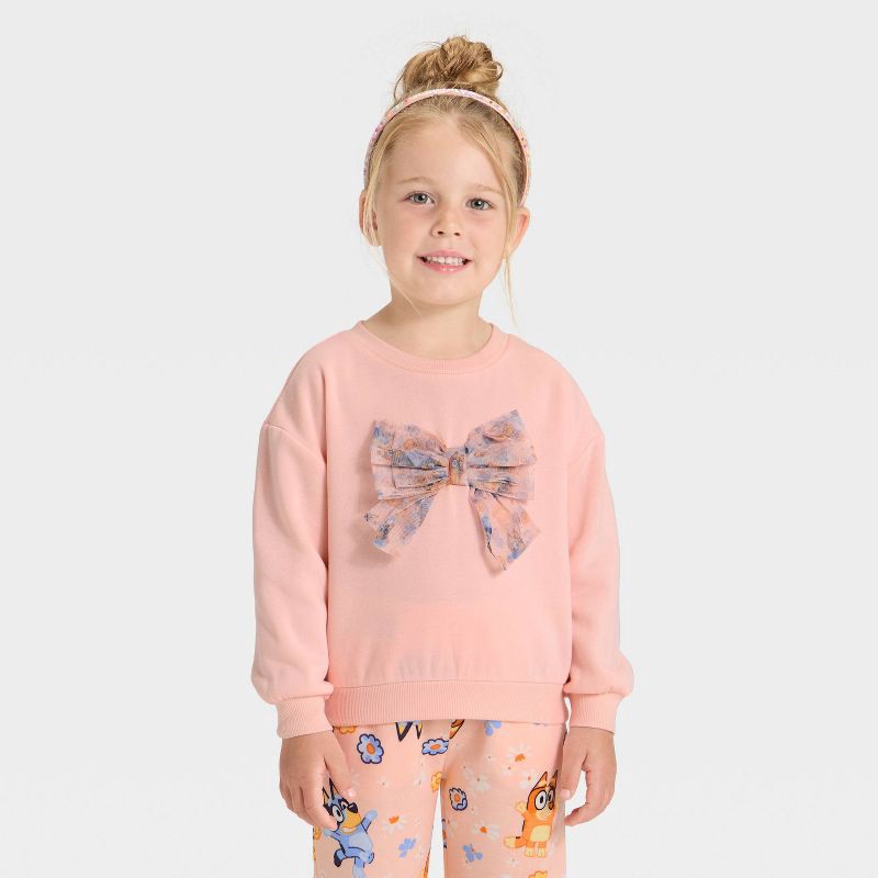 slide 3 of 4, Toddler Girls' 2pc Bluey Bingo Floral Cozy Fleece Sweatshirt with Tulle Bow and Pants Set - Peach Orange 3T, 2 ct