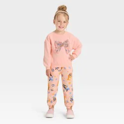Toddler Girls' 2pc Bluey Bingo Floral Cozy Fleece Sweatshirt with Tulle Bow and Pants Set - Peach Orange 5T