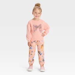 Toddler Girls' 2pc Bluey Bingo Floral Cozy Fleece Sweatshirt with Tulle Bow and Pants Set - Peach Orange 5T