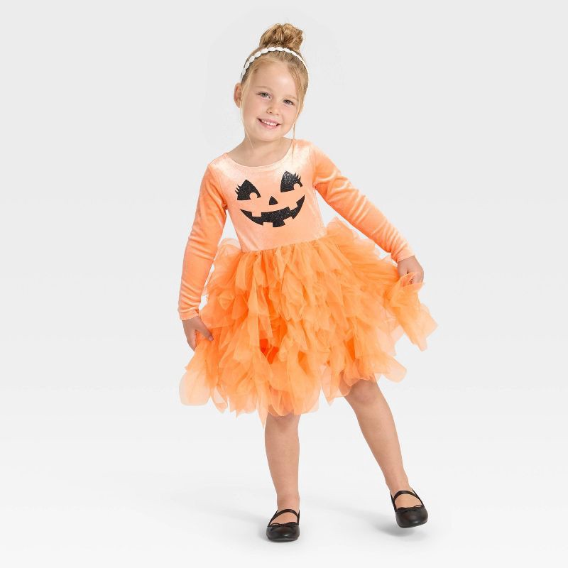 slide 3 of 4, Mad Engine Toddler Girls' Halloween Pumpkin Jack-o'-lantern Tulle Dress - Orange 5T, 1 ct