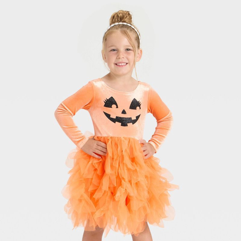 slide 1 of 4, Mad Engine Toddler Girls' Halloween Pumpkin Jack-o'-lantern Tulle Dress - Orange 5T, 1 ct