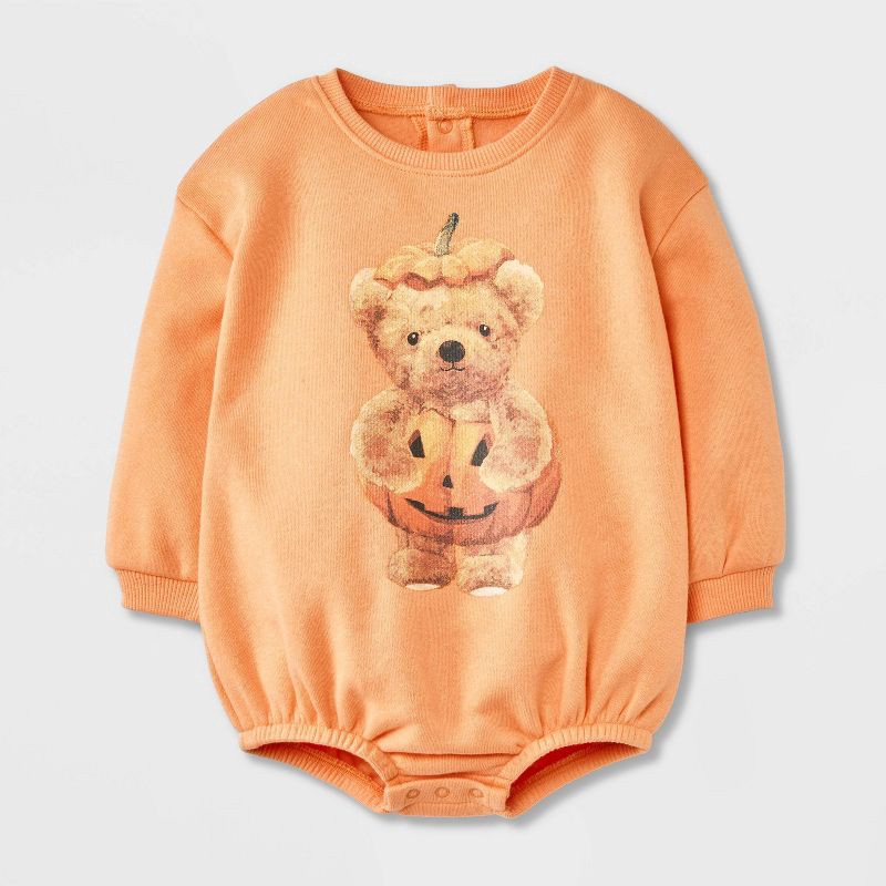 slide 1 of 4, Grayson Mini Baby Teddy Bear Halloween Pumpkin Long Sleeve Romper - Orange Newborn, 1 ct