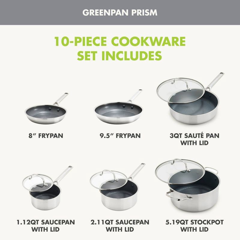 slide 5 of 12, GreenPan Prism 10pc Hybrid Stainless Steel and Ceramic Nonstick Cookware Set, 10 ct