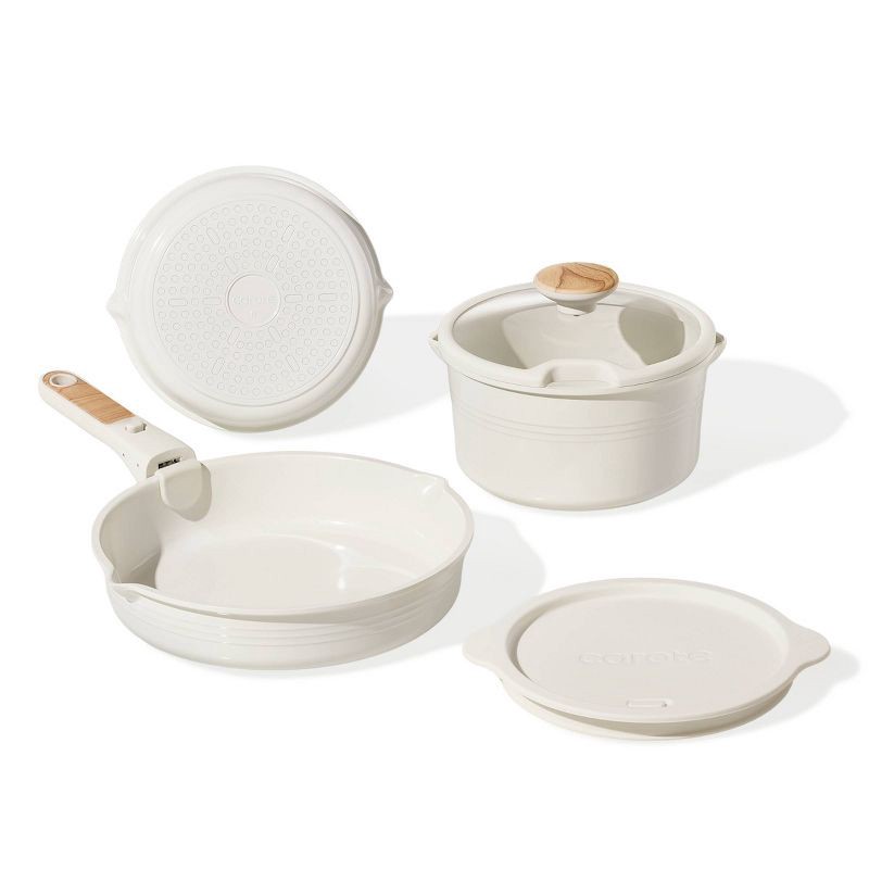 slide 2 of 6, Carote 10pc Ceramic Nonstick Cookware Set with Detachable Handle Cream, 10 ct
