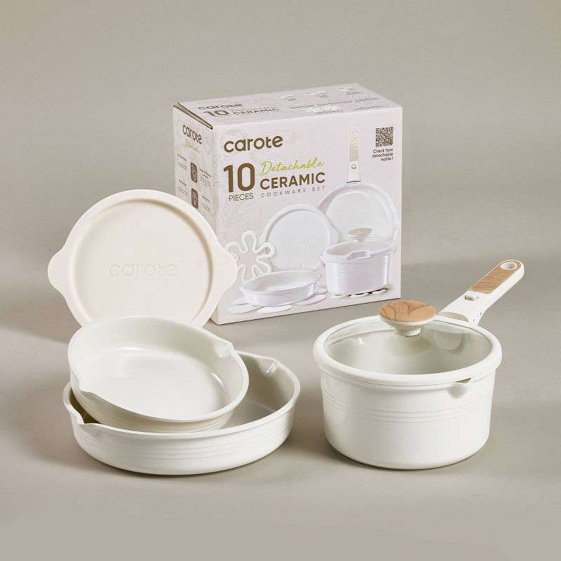 slide 6 of 6, Carote 10pc Ceramic Nonstick Cookware Set with Detachable Handle Cream, 10 ct