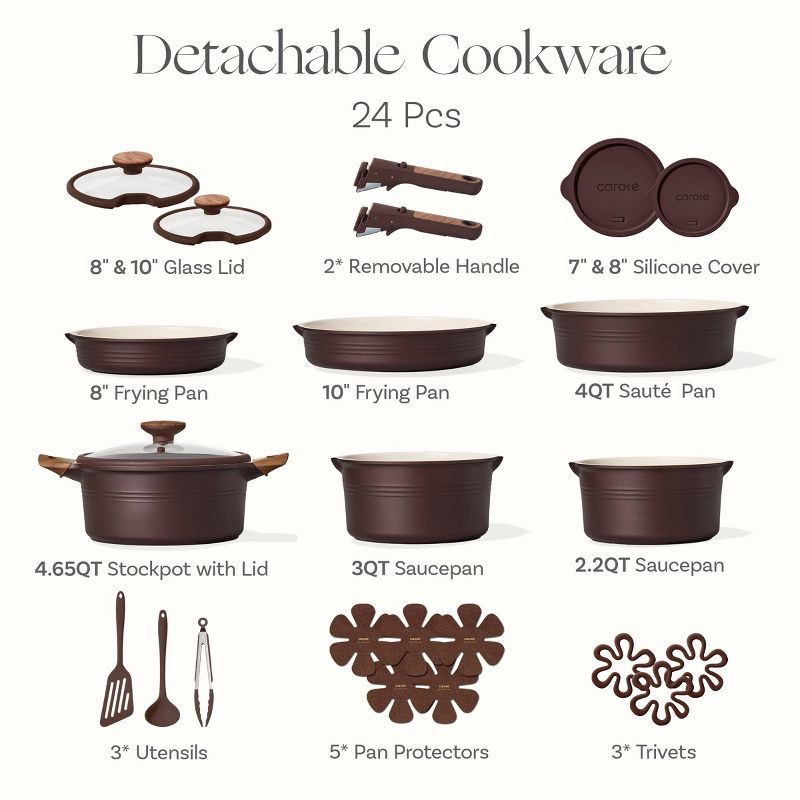 slide 4 of 6, Carote 24pc Ceramic Nonstick Cookware Set with Detachable Handle Brown, 24 ct