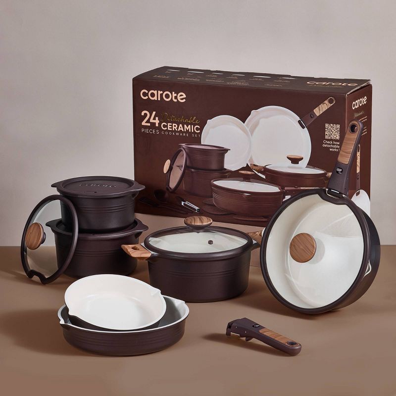 slide 6 of 6, Carote 24pc Ceramic Nonstick Cookware Set with Detachable Handle Brown, 24 ct