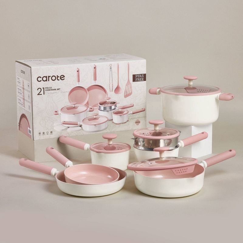 slide 6 of 6, Carote 21pc Ceramic Nonstick Cookware Set Pink, 21 ct