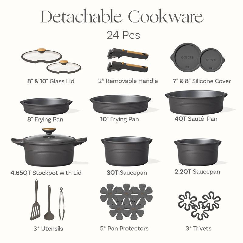 slide 4 of 6, Carote 24pc Nonstick Cookware Set with Detachable Handle Black, 24 ct