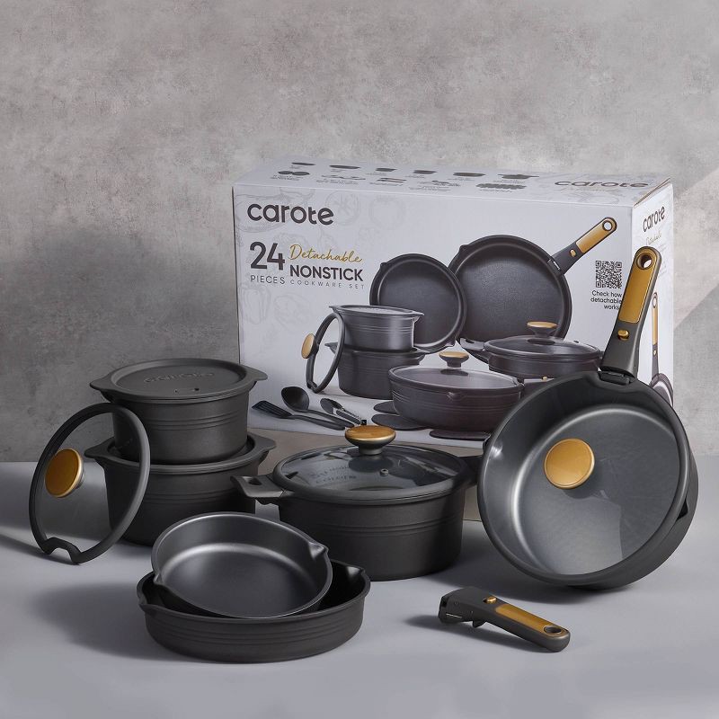 slide 6 of 6, Carote 24pc Nonstick Cookware Set with Detachable Handle Black, 24 ct