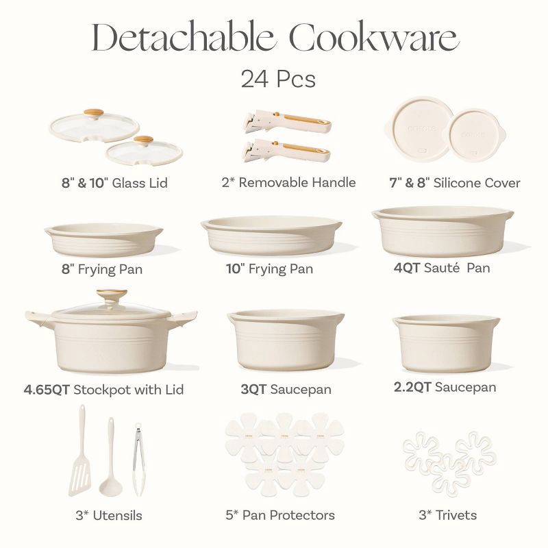 slide 4 of 6, Carote 24pc Nonstick Cookware Set with Detachable Handle White, 24 ct