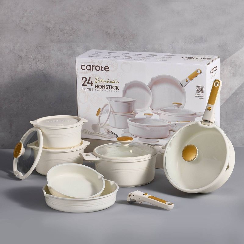 slide 6 of 6, Carote 24pc Nonstick Cookware Set with Detachable Handle White, 24 ct