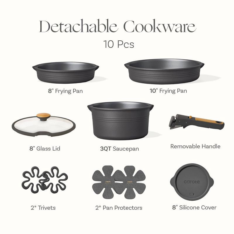slide 4 of 6, Carote 10pc Nonstick Cookware Set with Detachable Handle Black, 10 ct