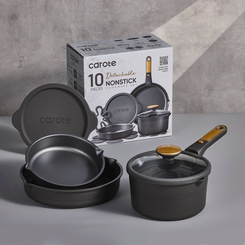 slide 6 of 6, Carote 10pc Nonstick Cookware Set with Detachable Handle Black, 10 ct