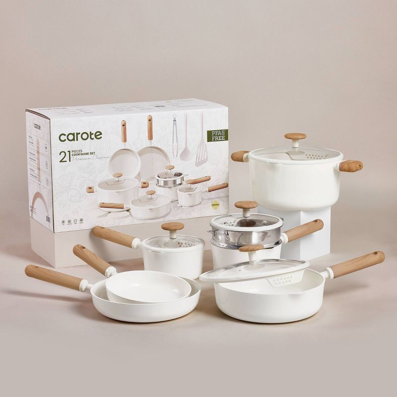 slide 6 of 6, Carote 21pc Ceramic Nonstick Cookware Set Cream, 21 ct