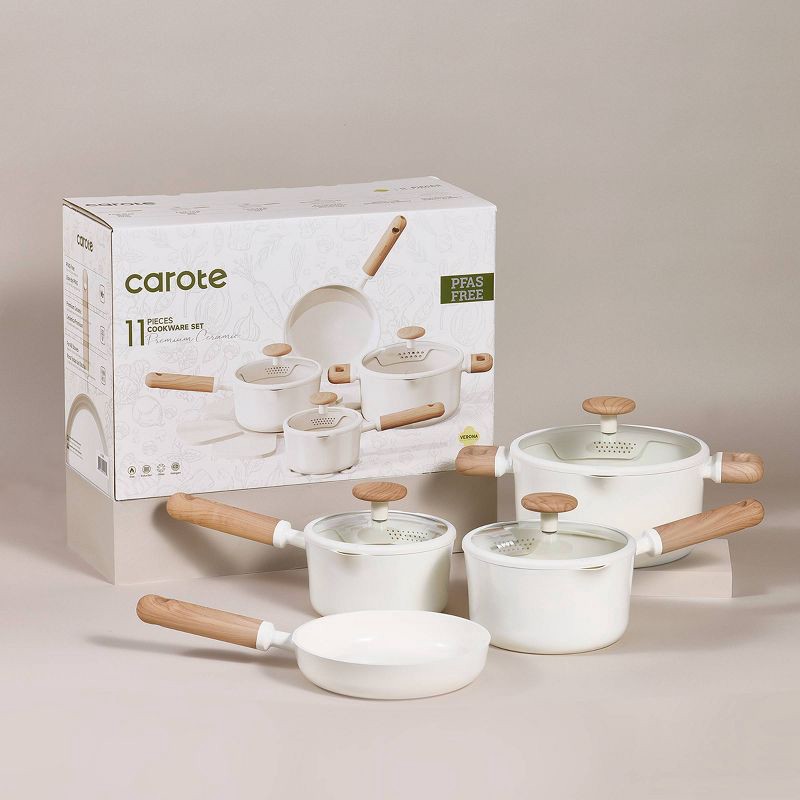 slide 6 of 6, Carote 11pc Ceramic Nonstick Cookware Set Cream, 11 ct